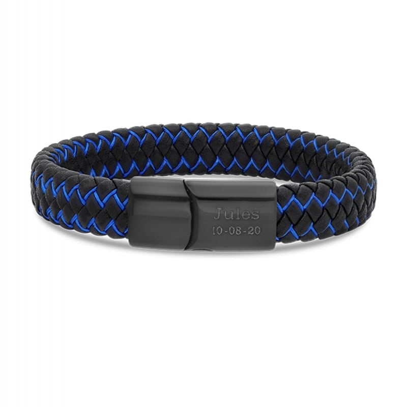 bracelet homme personnalise en cuir noir et bleu tresse